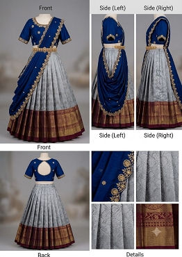 Regal Royal Blue & Silver-Grey Half-Saree (Langa Voni)